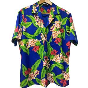 Vintage Hilo Hattie Mens Hawaiian Button Up Shirt Blue Colorful Floral Sz Large